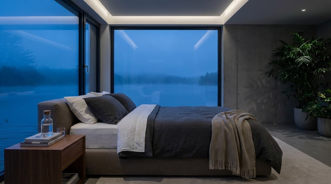 Serene koelblauwe slaapkamer met frisse, koele lucht