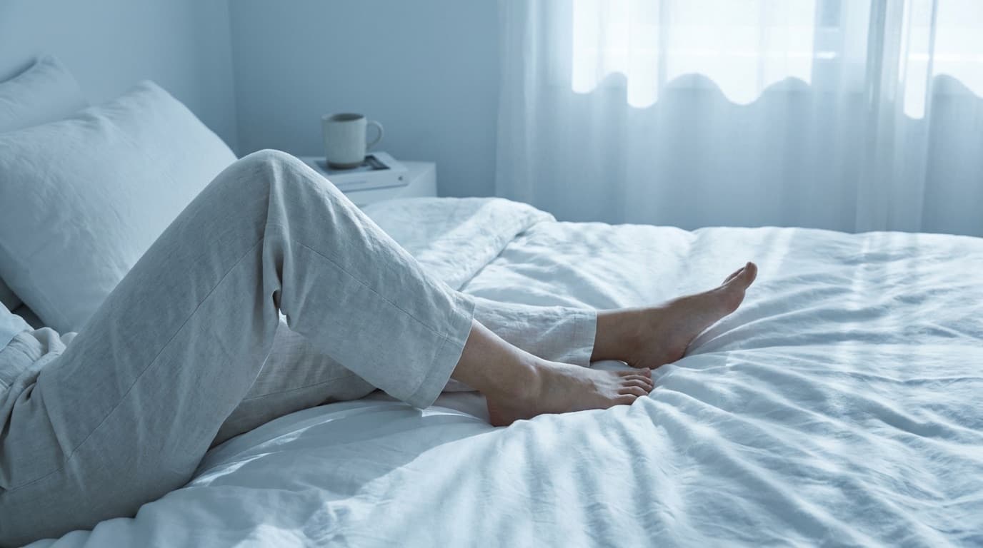Ontspannen benen op koel, fris beddengoed