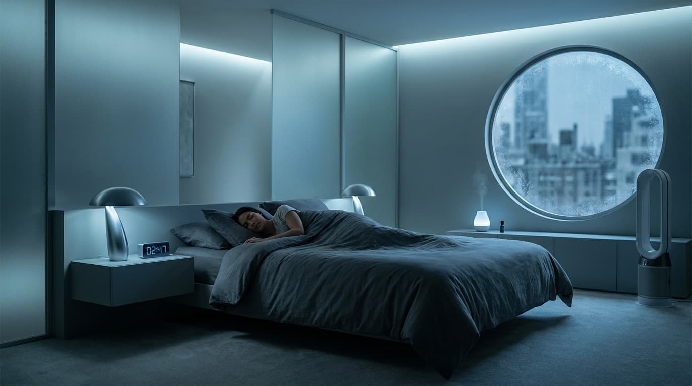 Persoon slaapt diep in een koele, moderne slaapkamer